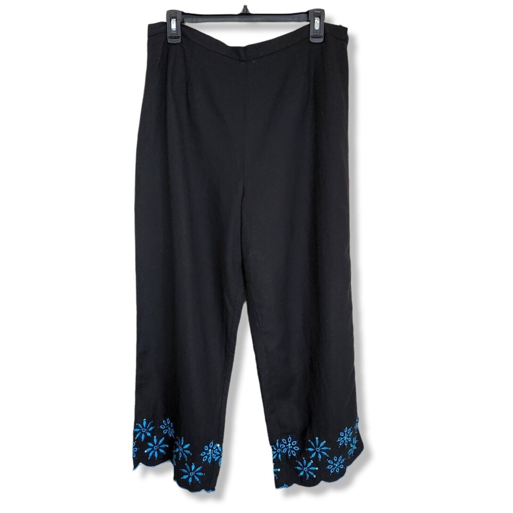 Linen blend Coconut  Floral Embroidery Capri‎ Pants Size 14 Vacation Cruise